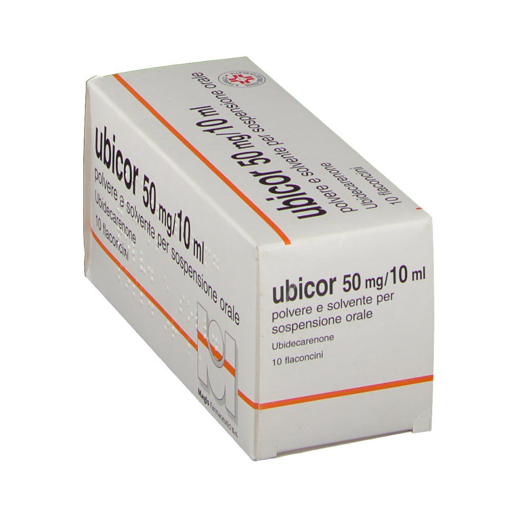 Scatola UBICOR 50 mg/10 ml. Contiene 10 flaconcini. Confezione bianca con dettagli arancioni e informazioni sul prodotto.