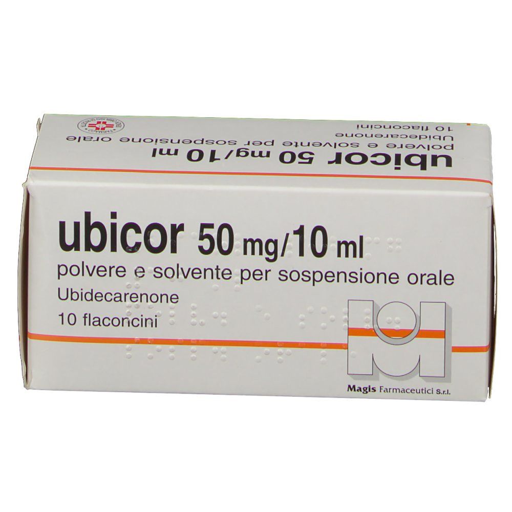 Scatola UBICOR 50 mg/10 ml. Contiene 10 flaconcini. Confezione bianca con dettagli arancioni e informazioni sul prodotto.