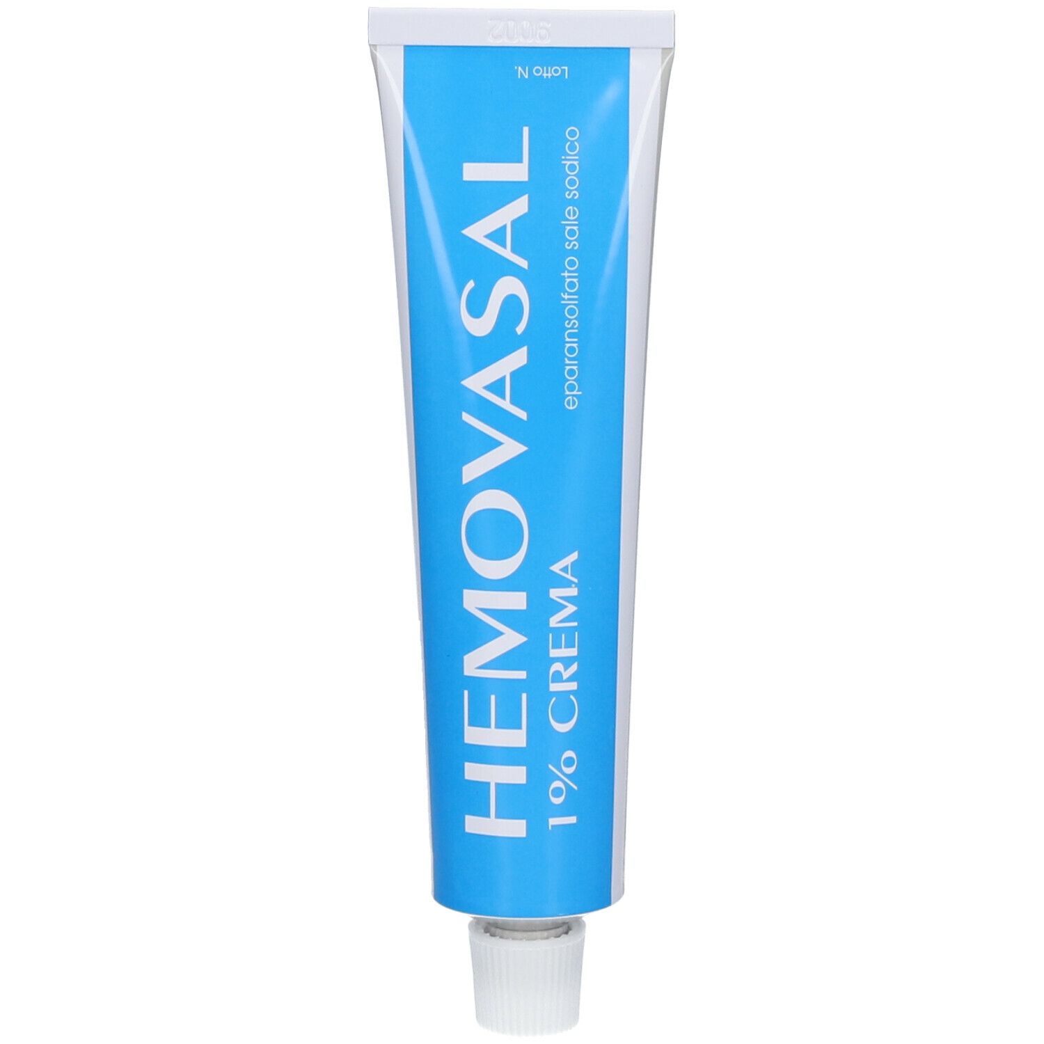 Tubo blu con tappo bianco. Stampato: HEMOVASAL 1% CREMA. Contiene il principio attivo: eparansolfato sale sodico.