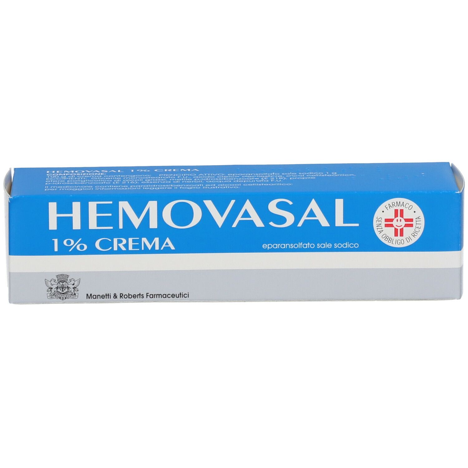 Scatola blu con logo HEMOVASAL 1% CREMA. Contiene il principio attivo: eparansolfato sale sodico.