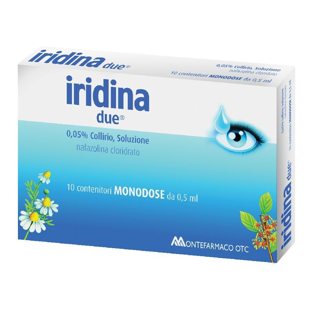 Scatola "Iridina due". Confezione blu e bianca con illustrazione occhio e informazioni sul prodotto.