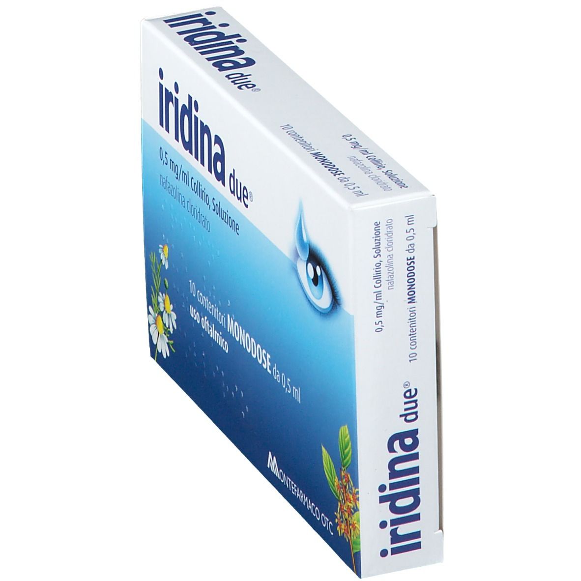 Scatola "Iridina due" in prospettiva. Confezione blu e bianca con illustrazione occhio e testo.