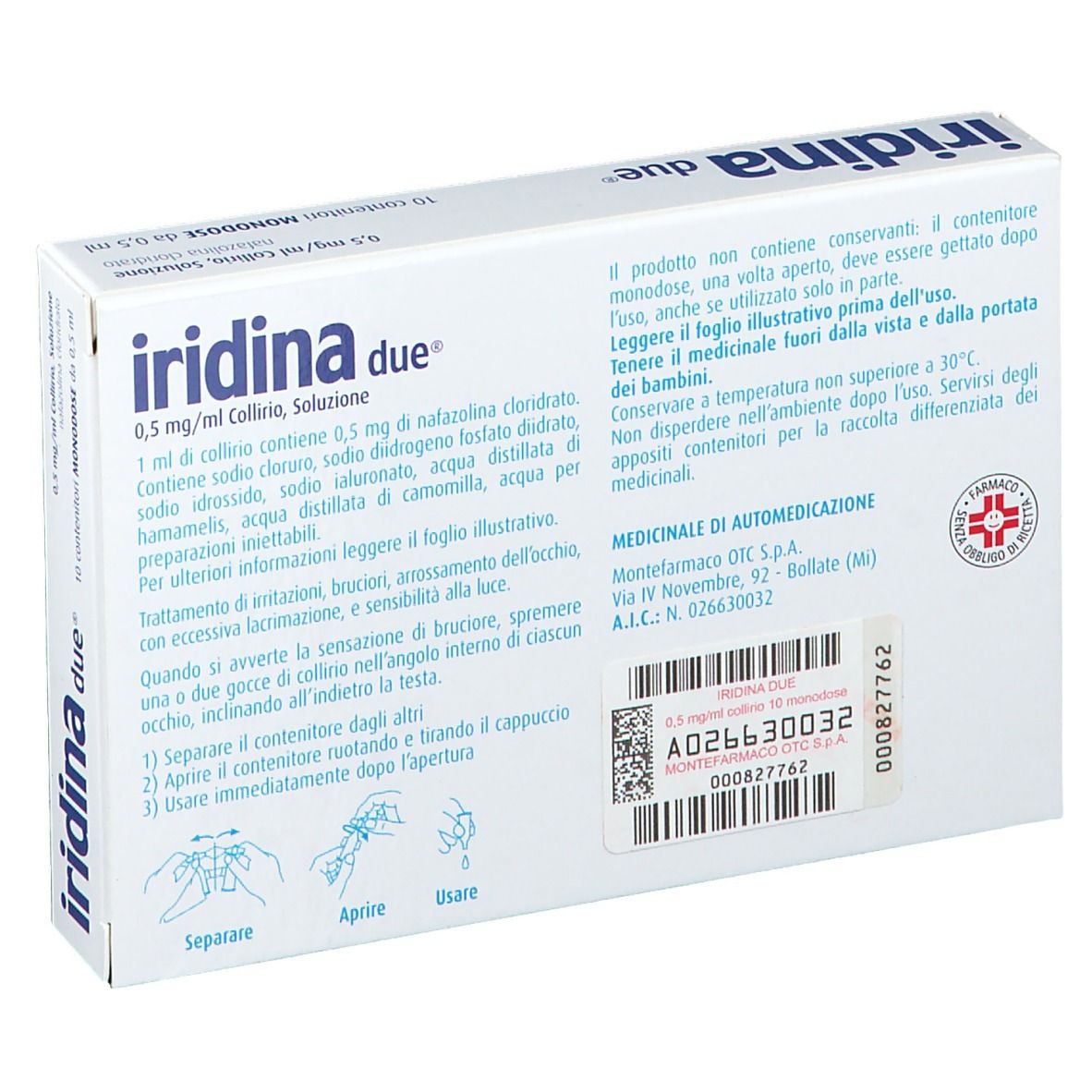 Retro della scatola "Iridina due". Informazioni testuali, ingredienti e dettagli del produttore.