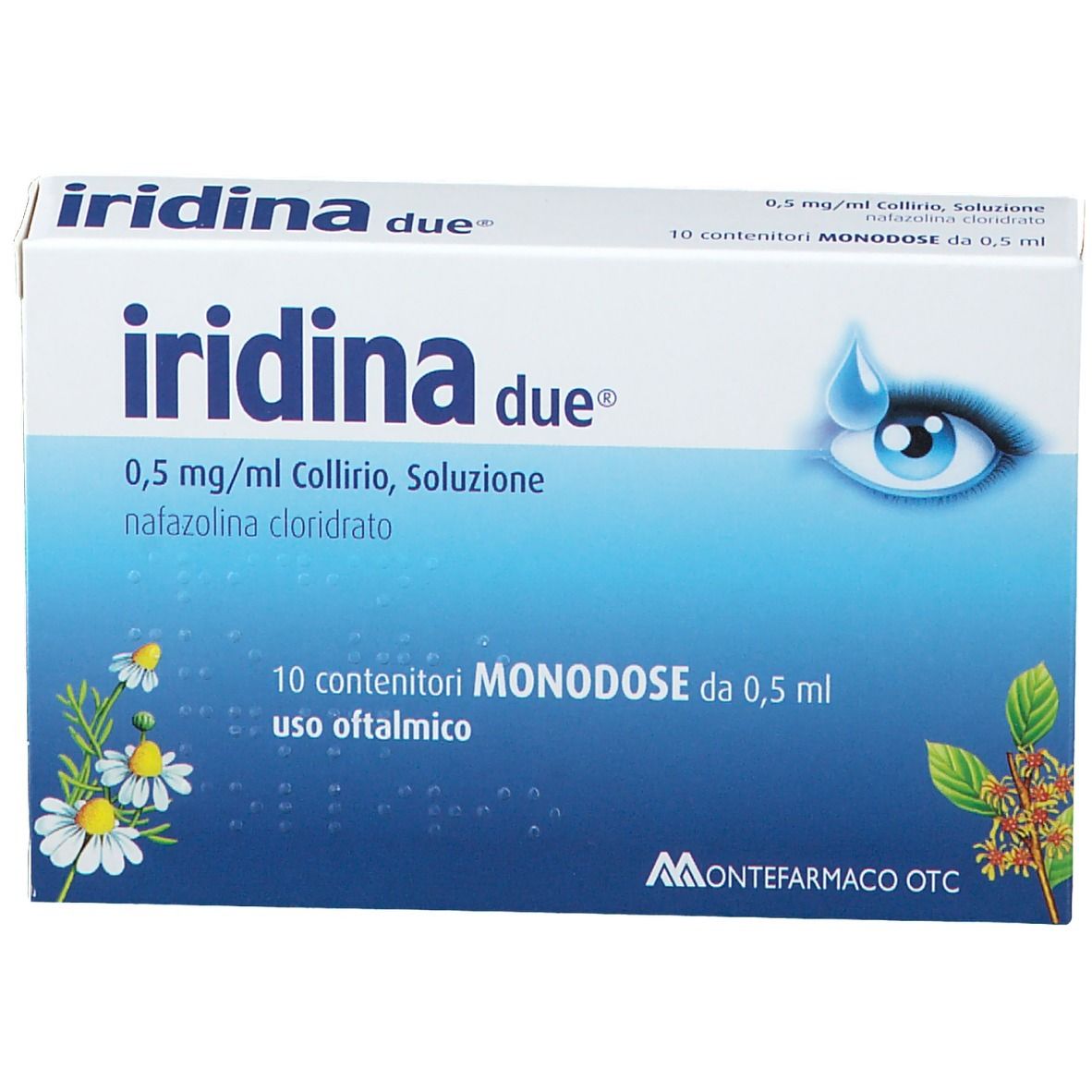 Scatola "Iridina due". Confezione blu e bianca con illustrazione occhio e informazioni sul prodotto.