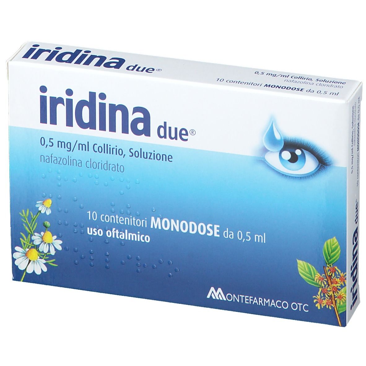 Scatola "Iridina due". Confezione blu e bianca con illustrazione occhio e informazioni sul prodotto.
