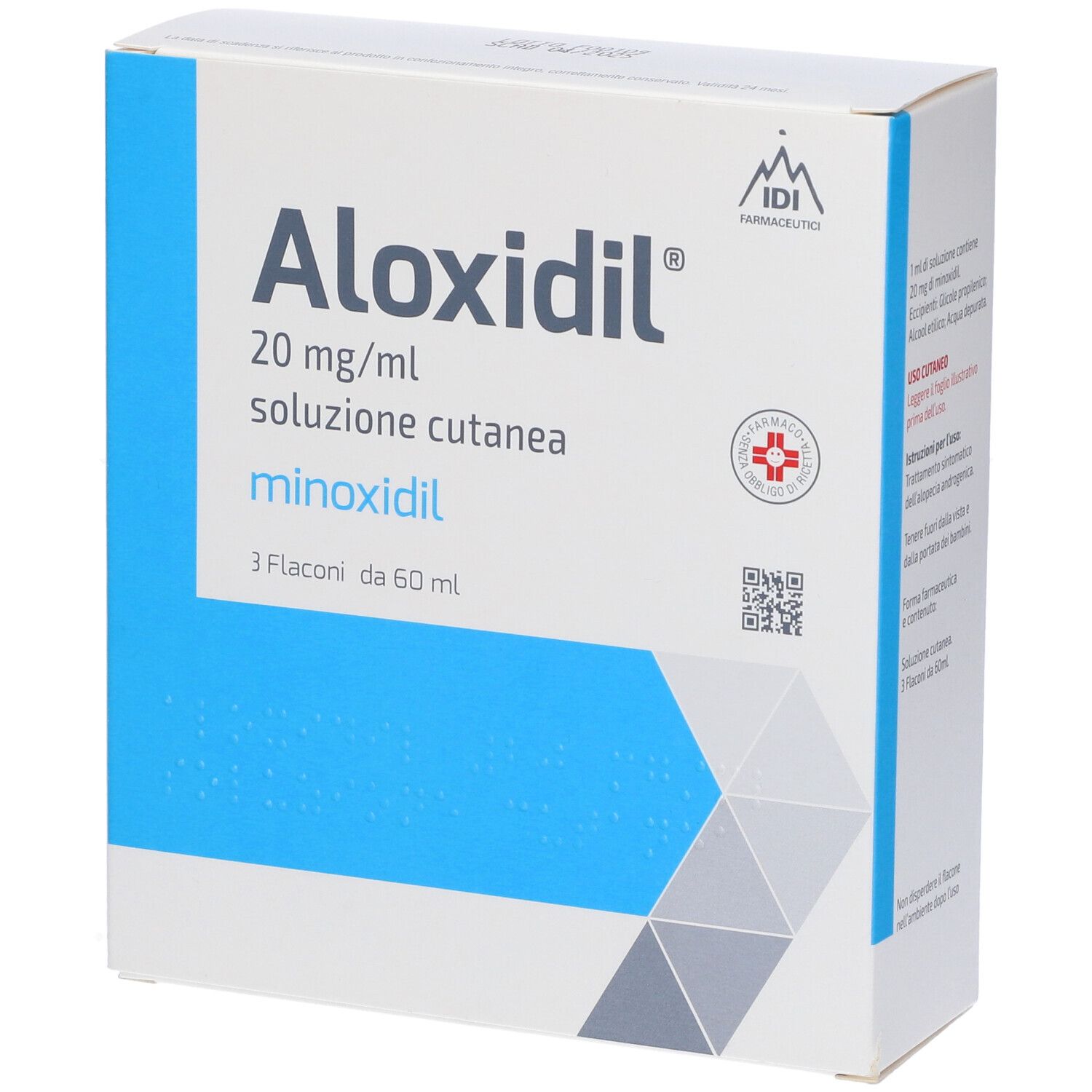 Scatola Aloxidil 20 mg/ml, soluzione cutanea, minoxidil. 3 flaconi da 60 ml. IDI Farmaceutici. Logo croce rossa.