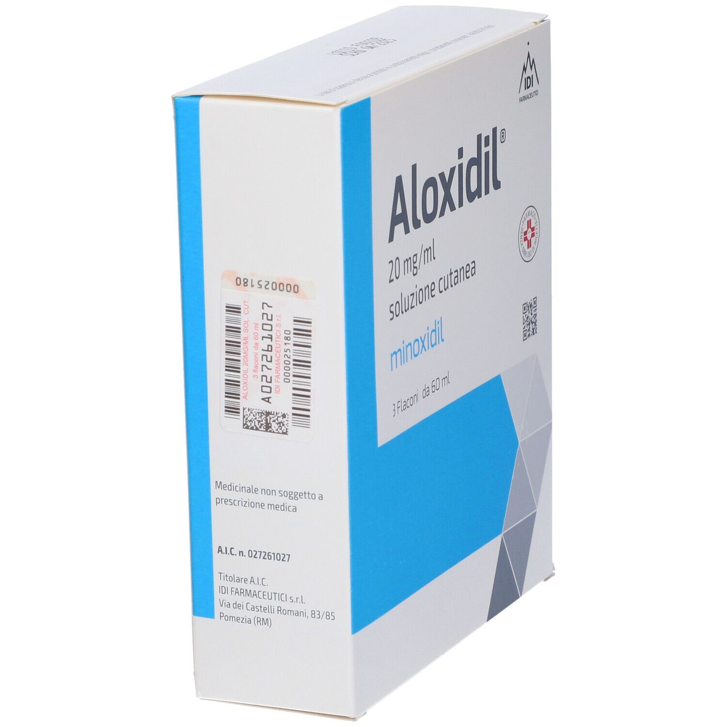 Scatola Aloxidil 20 mg/ml, soluzione cutanea, minoxidil. Vista laterale con codice a barre e logo IDI Farmaceutici. Testo: Medicinale non soggetto a prescrizione.