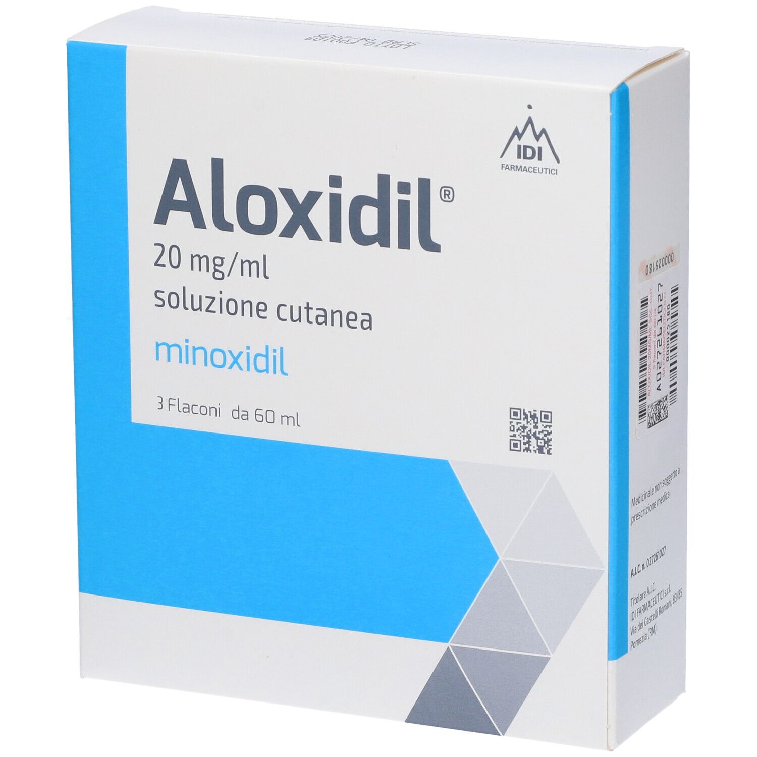 Scatola Aloxidil 20 mg/ml, soluzione cutanea, minoxidil. 3 flaconi da 60 ml. IDI Farmaceutici. Logo.