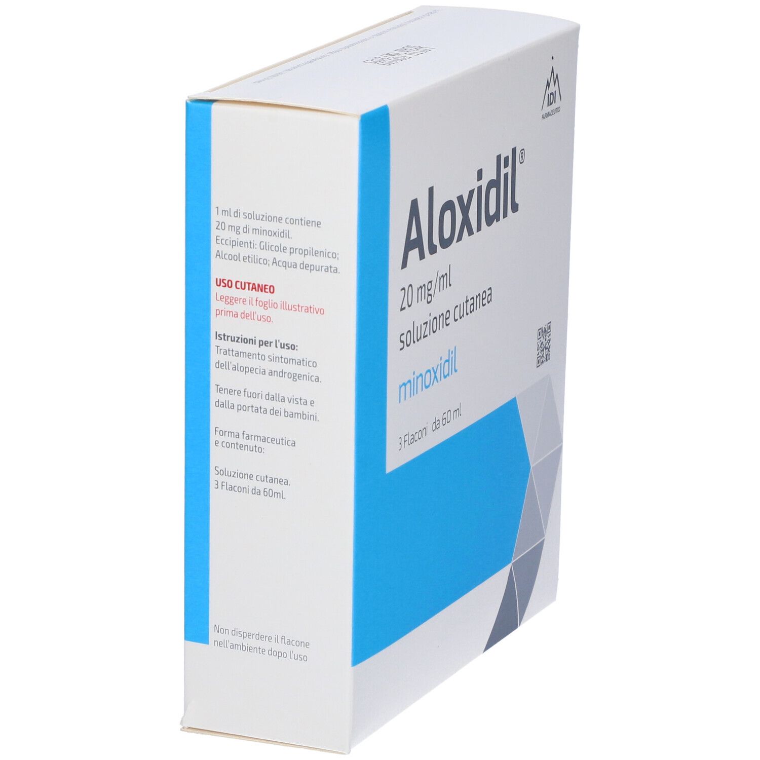 Scatola Aloxidil 20 mg/ml, soluzione cutanea, minoxidil. 3 flaconi da 60 ml. Testo: Uso cutaneo. IDI Farmaceutici.