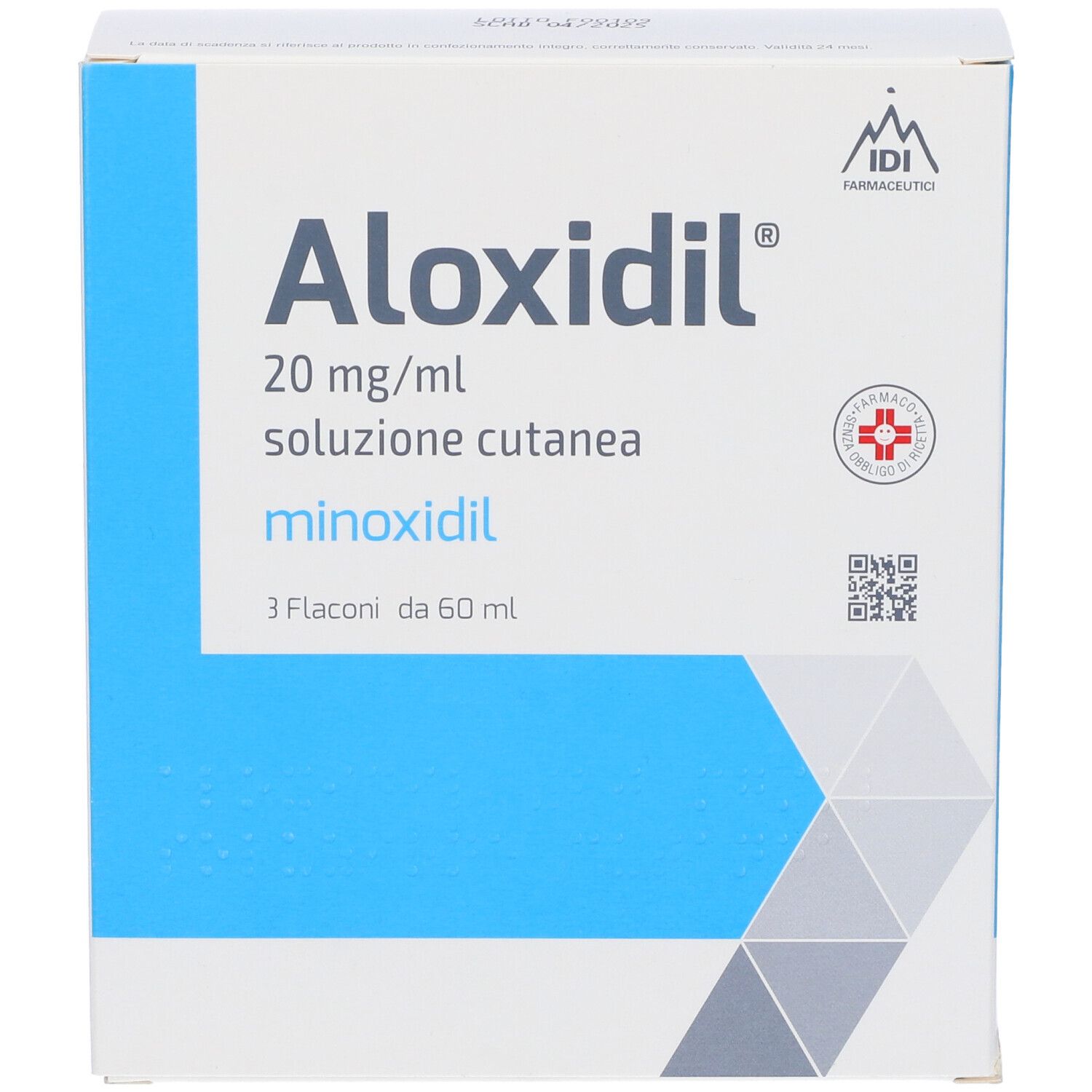 Scatola Aloxidil 20 mg/ml, soluzione cutanea, minoxidil. 3 flaconi da 60 ml. IDI Farmaceutici. Logo e croce rossa.