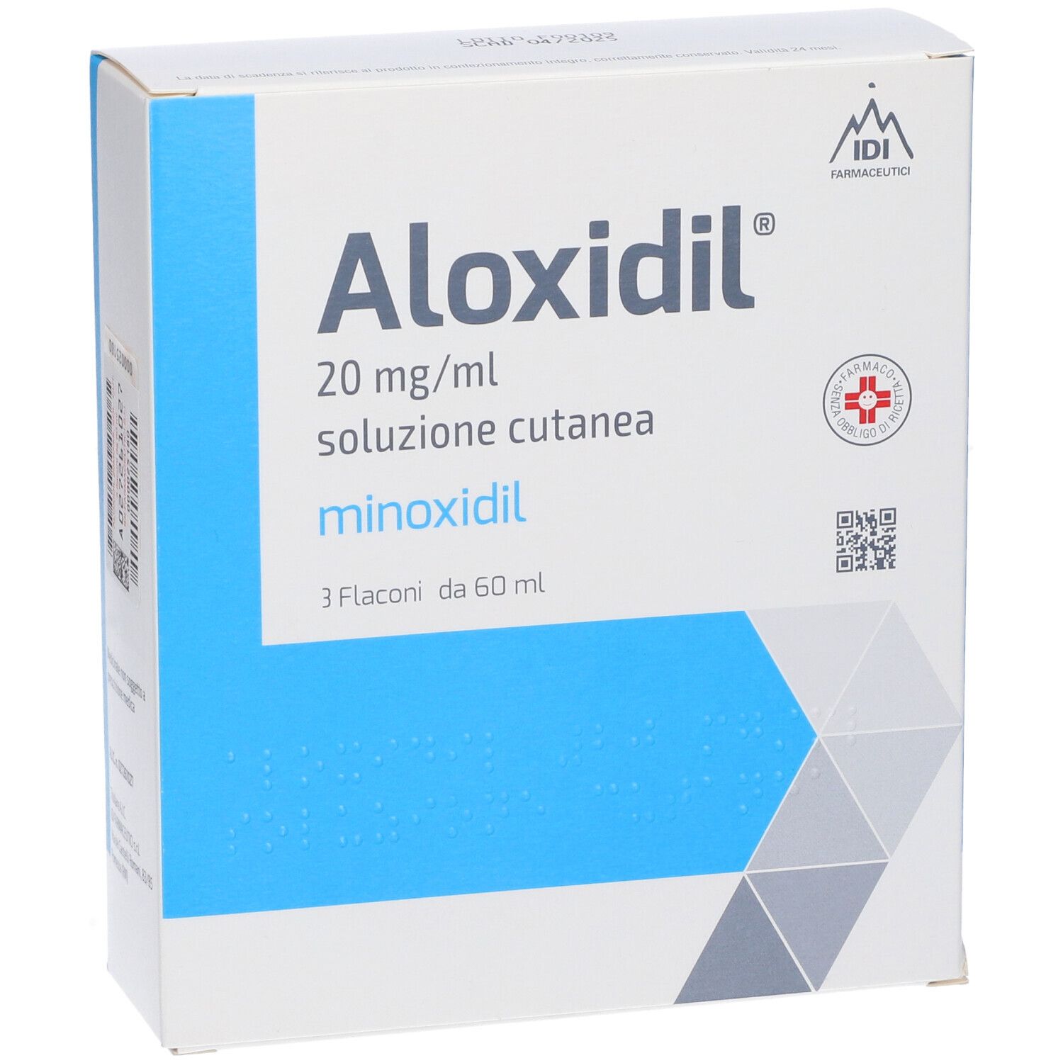 Scatola Aloxidil 20 mg/ml, soluzione cutanea, minoxidil. 3 flaconi da 60 ml. IDI Farmaceutici. Logo e croce rossa.
