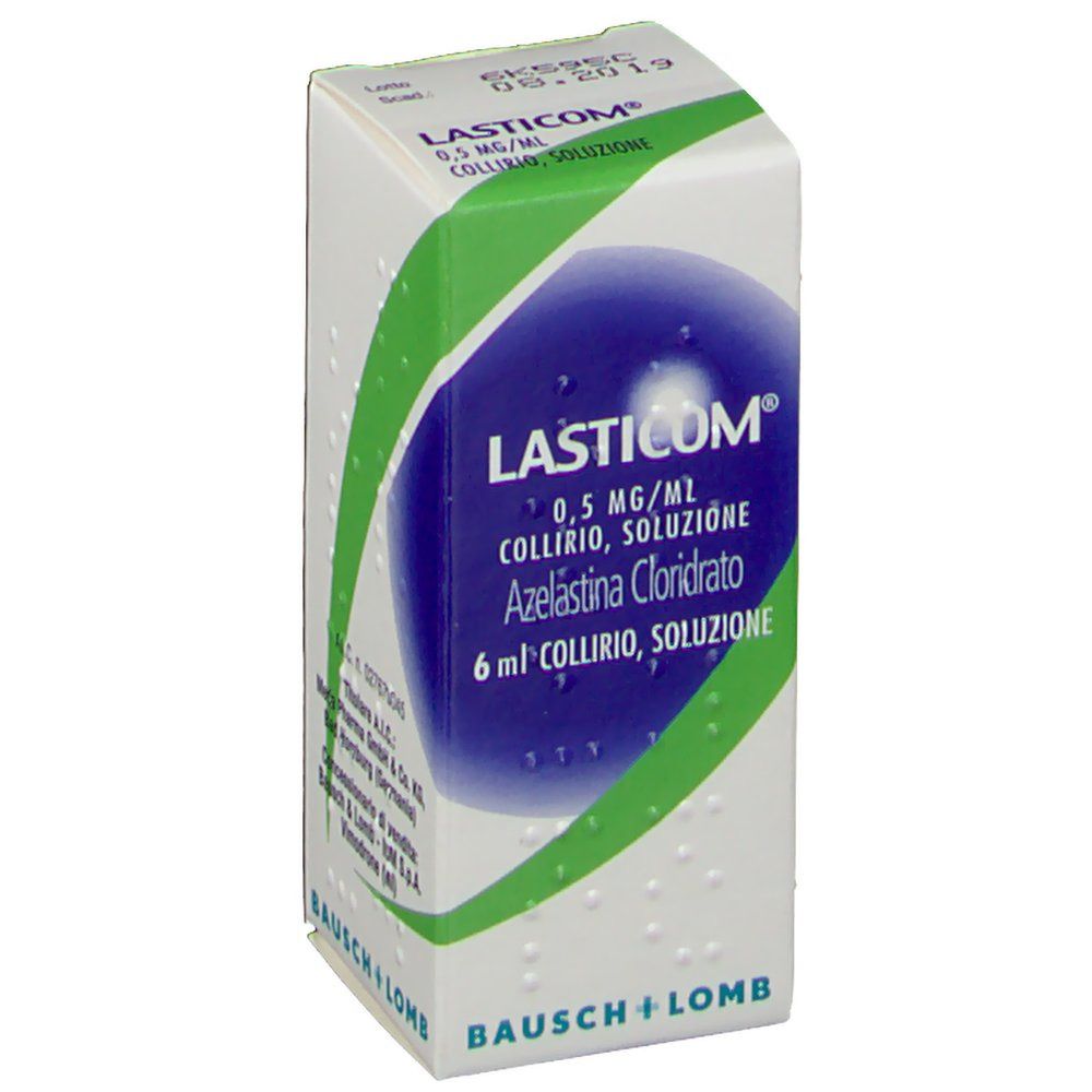 Scatola di collirio. Scritta: LASTICOM, 0,5 mg/ml, Collirio soluzione. Logo Bausch + Lomb.