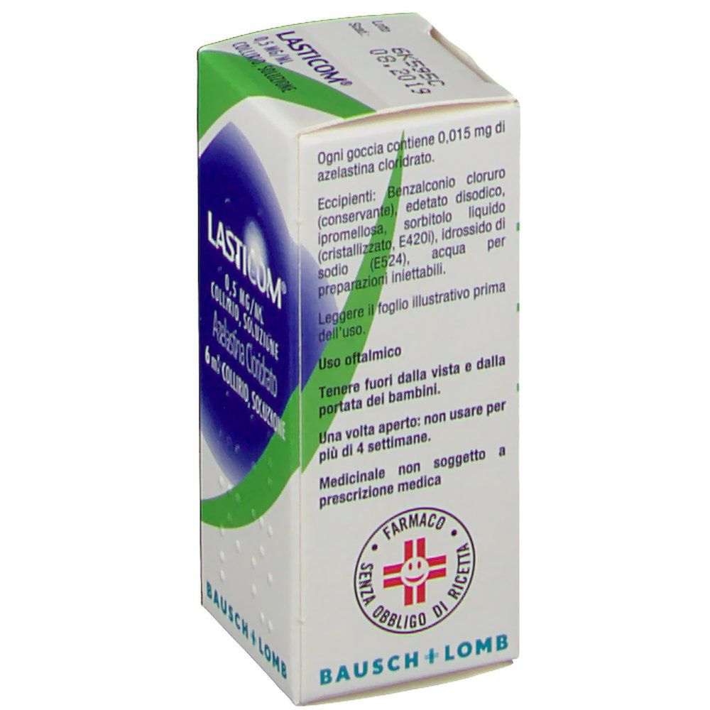 Vista laterale della confezione di collirio. Testo: ingredienti, istruzioni per l'uso. Logo Bausch + Lomb.