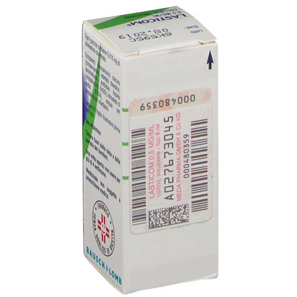 Retro della confezione di collirio. Codice a barre, numero di lotto, testo: LASTICOM 0,5 mg/ml.