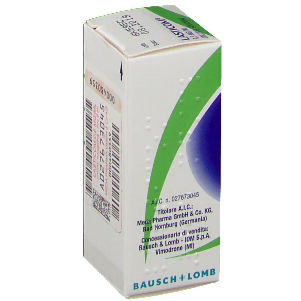 Vista laterale della confezione di collirio. Informazioni sul produttore, logo Bausch + Lomb.