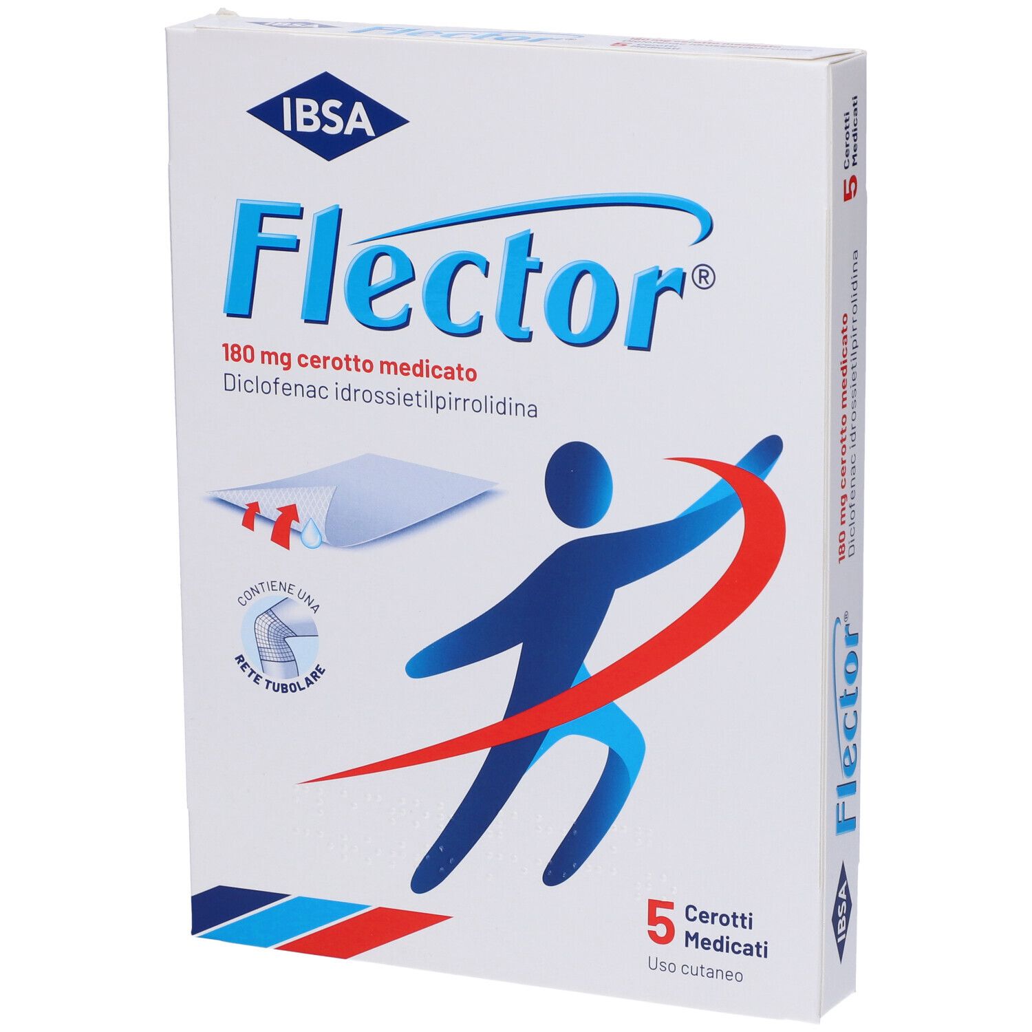 Confezione di Flector® Cerotto Medicato. Contiene 5 cerotti medicati. Scritta: 180 mg diclofenac.