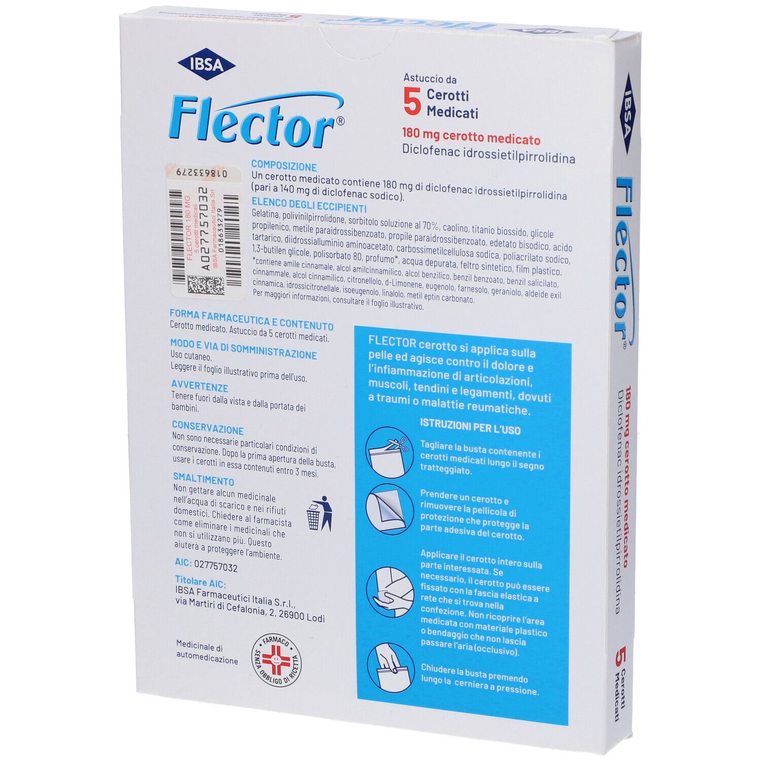 Confezione di Flector® Cerotto Medicato. Contiene 5 cerotti medicati. Scritta: 180 mg diclofenac.