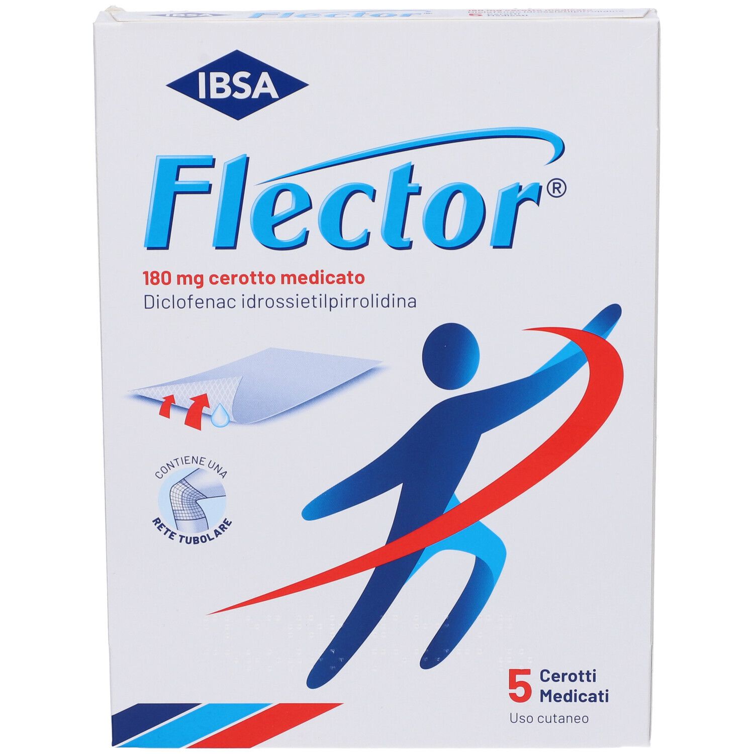 Confezione di Flector® Cerotto Medicato. Contiene 5 cerotti medicati. Scritta: 180 mg diclofenac.