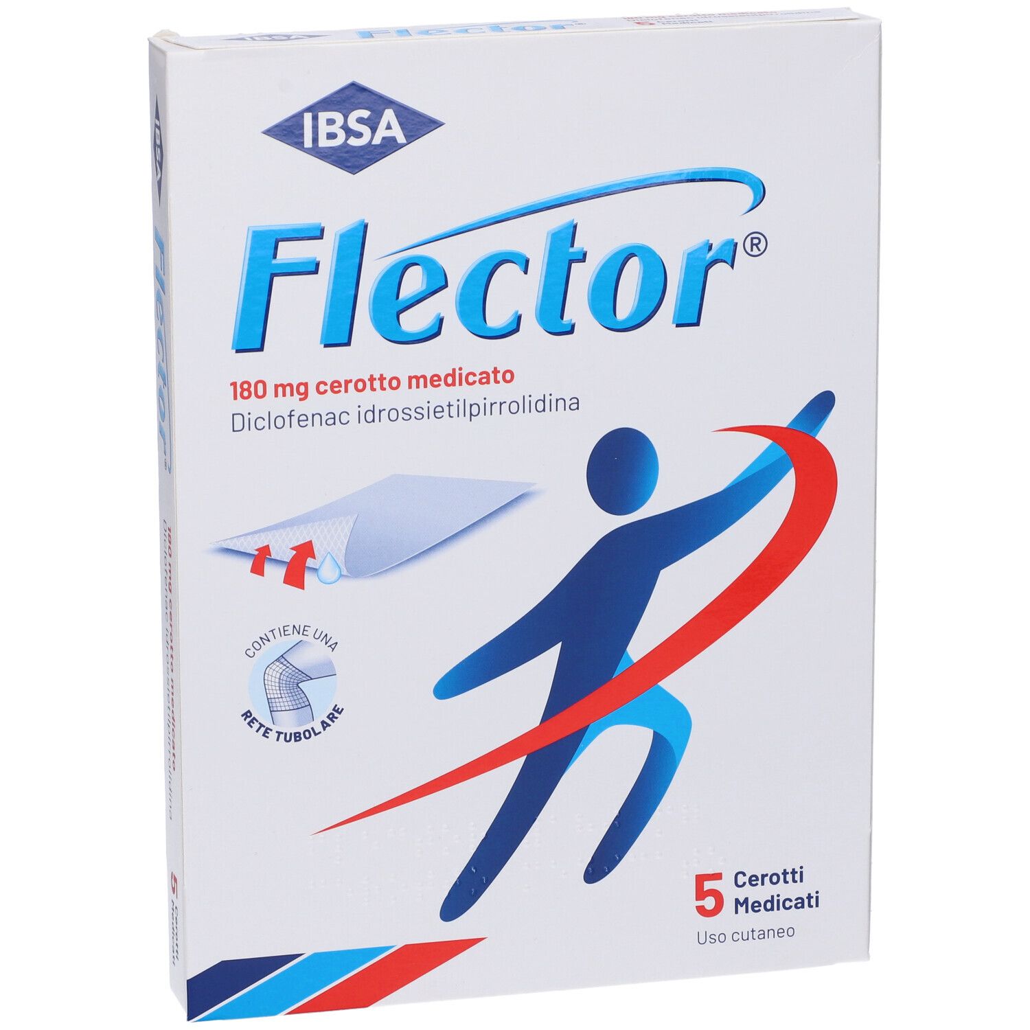 Confezione di Flector® Cerotto Medicato. Contiene 5 cerotti medicati. Scritta: 180 mg diclofenac.