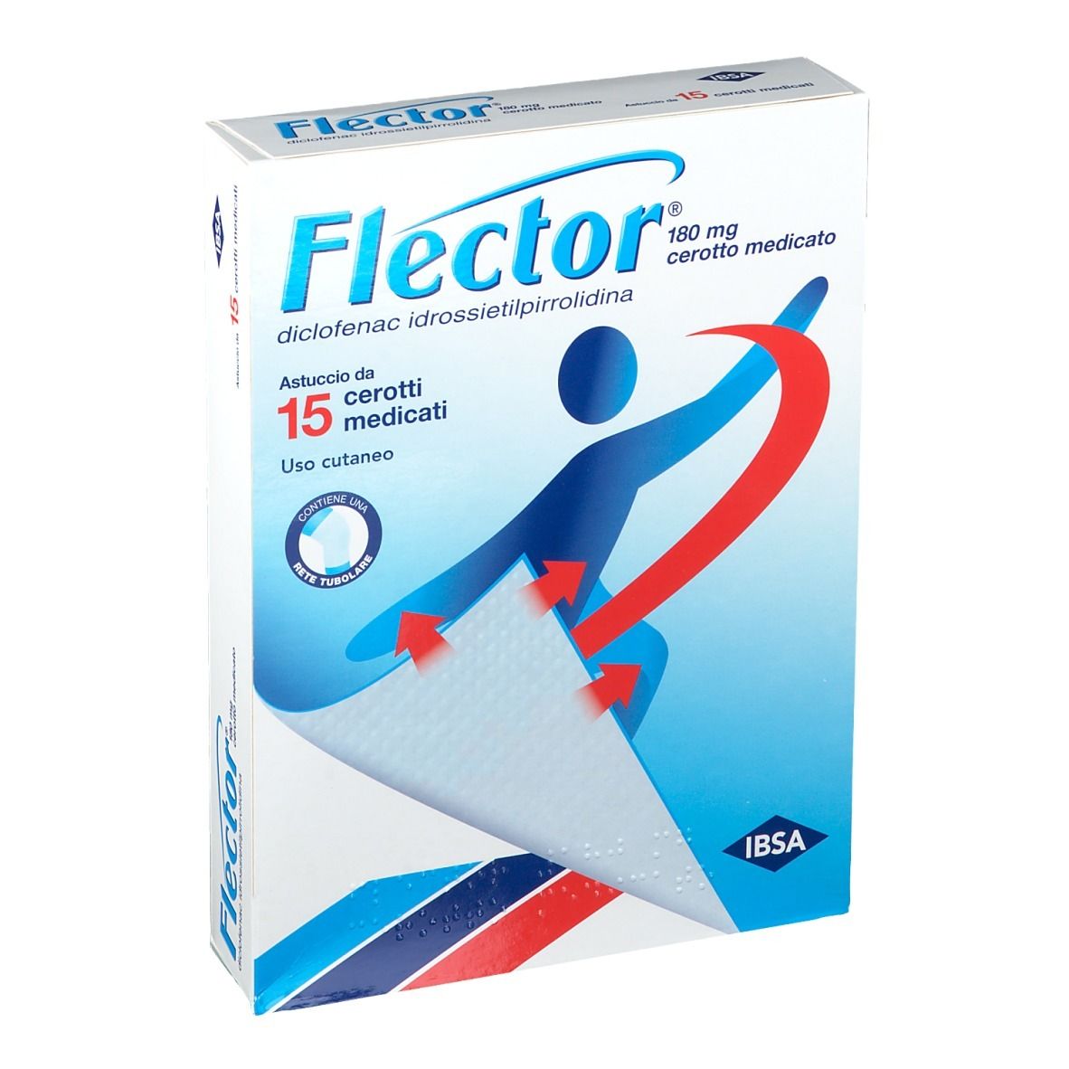 Confezione di Flector® Cerotto Medicato. Contiene 15 cerotti medicati. Confezione blu e bianca con nome del prodotto e illustrazione.