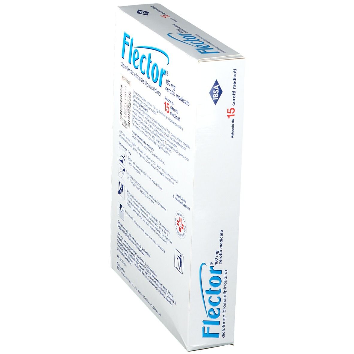 Vista angolata della confezione di Flector® Cerotto Medicato. Contiene informazioni e istruzioni. Bianco con testo blu.