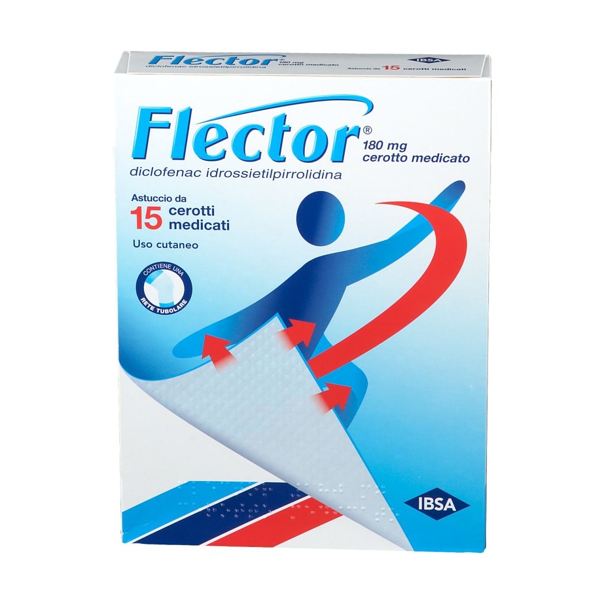 Confezione di Flector® Cerotto Medicato. Contiene 15 cerotti medicati. Confezione blu e bianca con nome del prodotto e illustrazione.