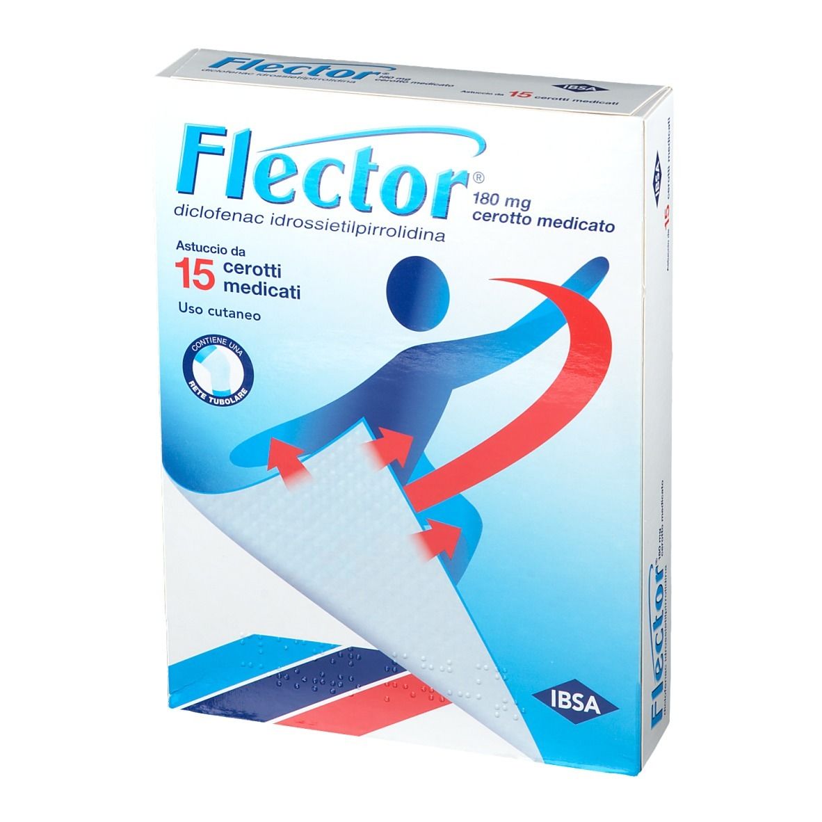 Confezione di Flector® Cerotto Medicato. Contiene 15 cerotti medicati. Confezione blu e bianca con nome del prodotto e illustrazione.