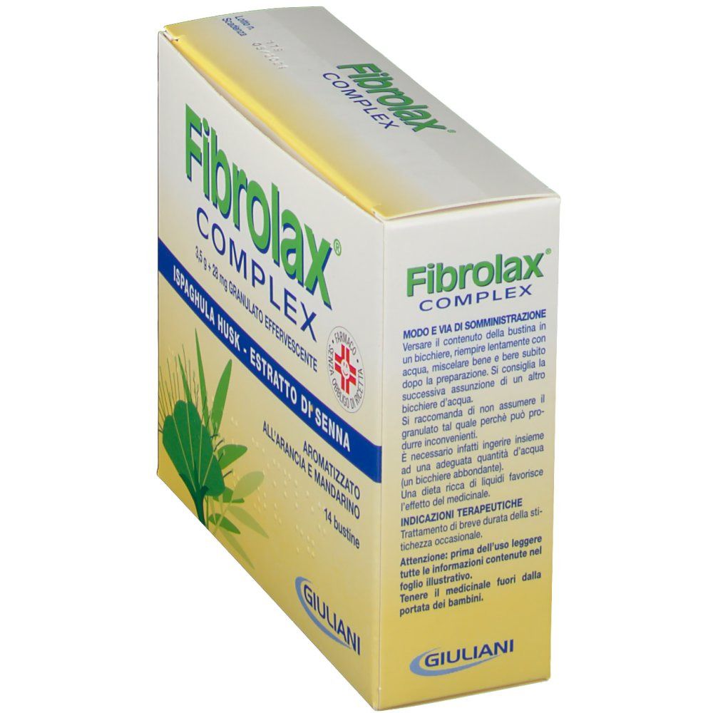 Scatola di Fibrolax Complex. Scritto: 3,5 g + 28 mg granulato effervescente. Aromi: arancia e mandarino. 14 bustine. Logo Giuliani.