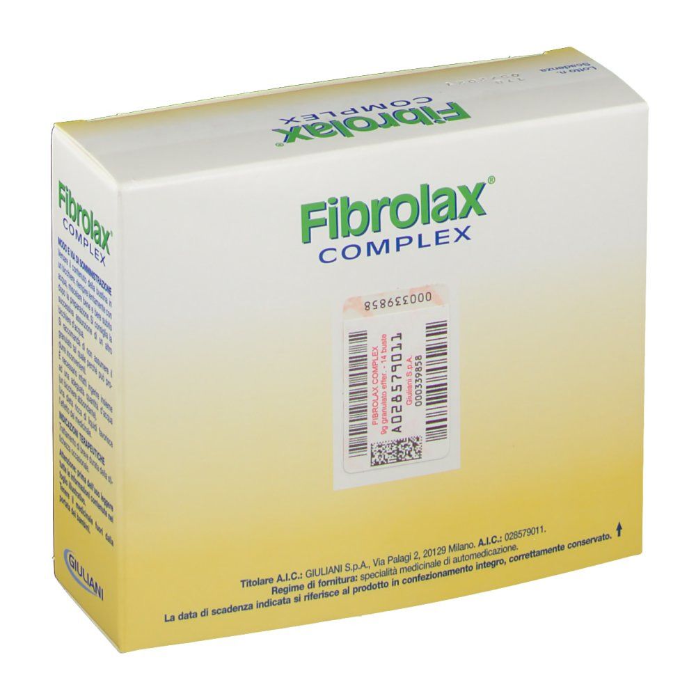 Scatola di Fibrolax Complex. Adesivo con codice a barre e informazioni. Logo Giuliani.