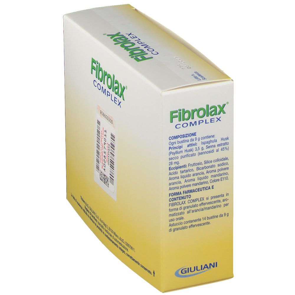 Scatola di Fibrolax Complex. Scritto: ingredienti. Logo Giuliani. 14 bustine.