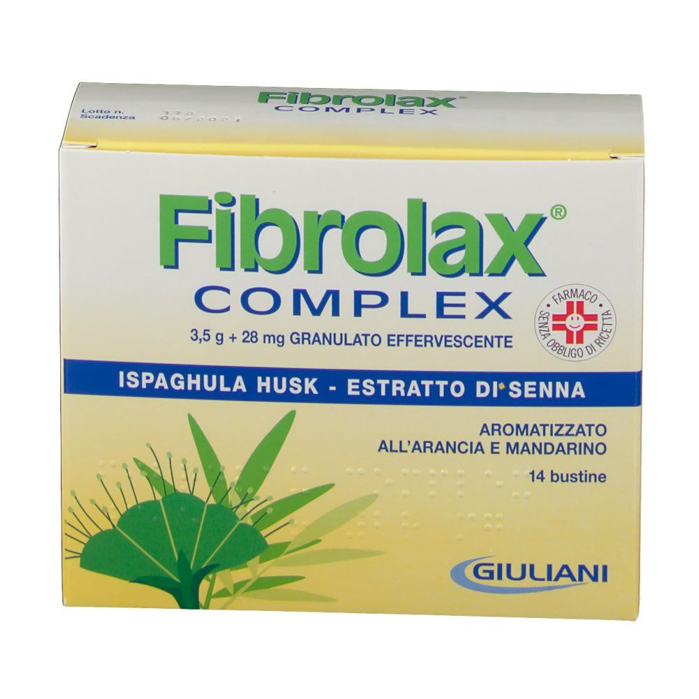 Scatola di Fibrolax Complex. Scritto: 3,5 g + 28 mg granulato. Aromi: arancia e mandarino. 14 bustine. Logo Giuliani.