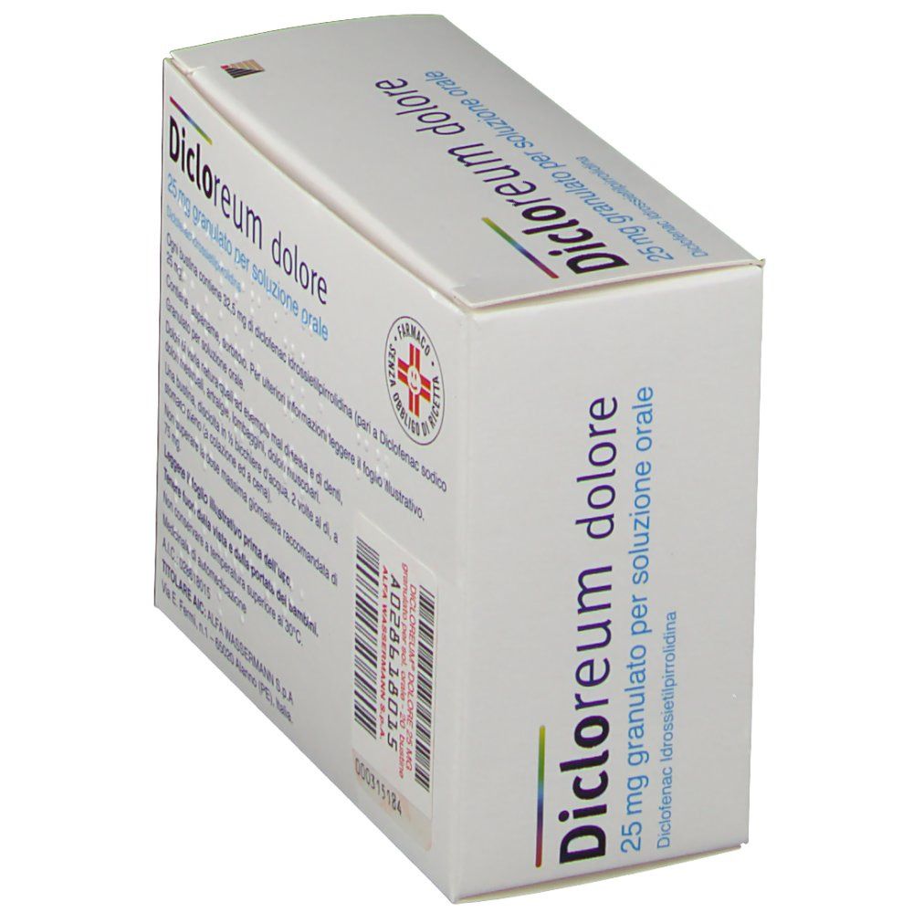 Scatola di Dicloreum dolore, vista obliqua dall'alto. Scritta: 25 mg granulato per soluzione orale. Logo farmacia e altre informazioni.
