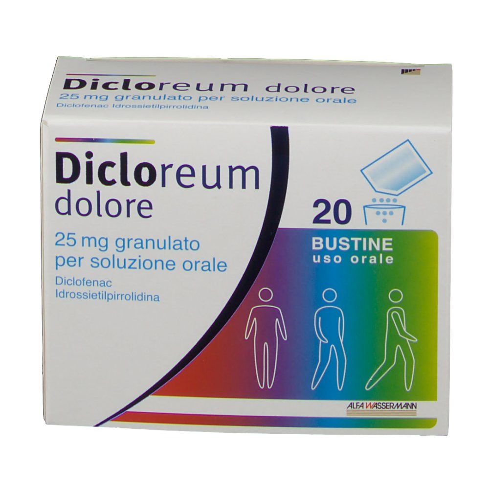 Scatola di Dicloreum dolore, 20 bustine. Scritta: 25 mg granulato per soluzione orale. Illustrazioni di persone.
