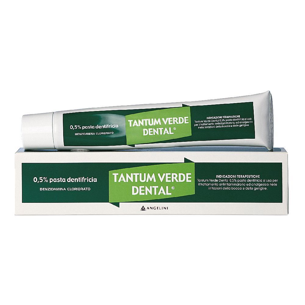 Tubo e scatola di dentifricio. Scritta: TANTUM VERDE Dental, 0,5% pasta dentifricia.