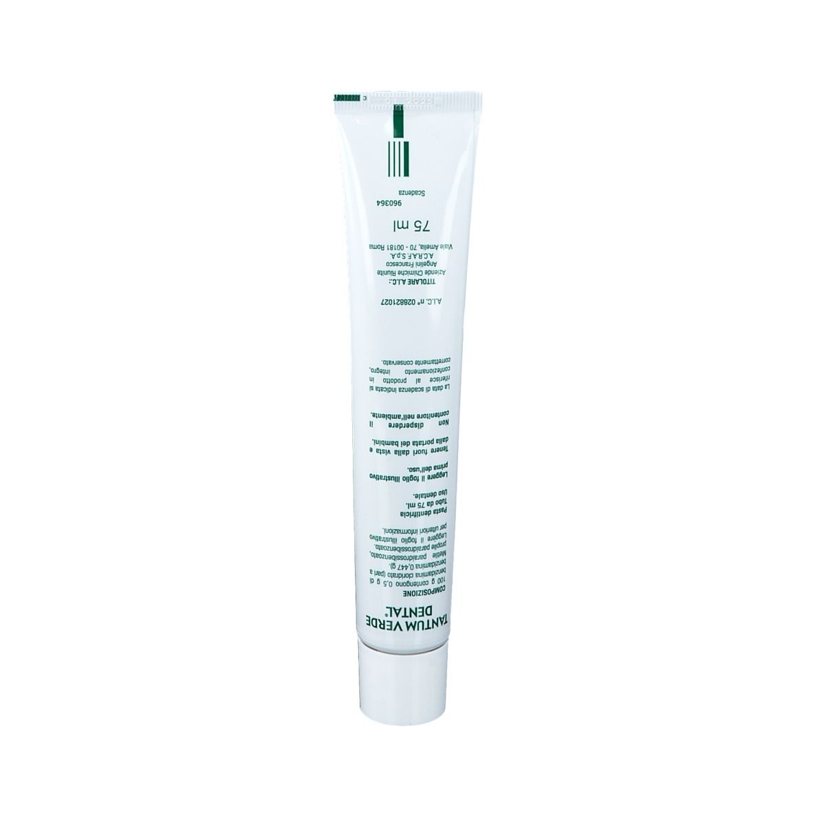 Tubo di dentifricio. Scritta: TANTUM VERDE Dental, 75 ml.