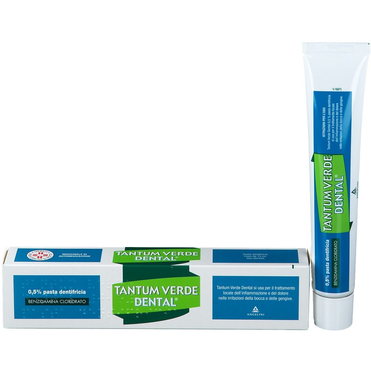 Tubo e scatola di dentifricio. Scritta: TANTUM VERDE Dental, 0,5% pasta dentifricia.