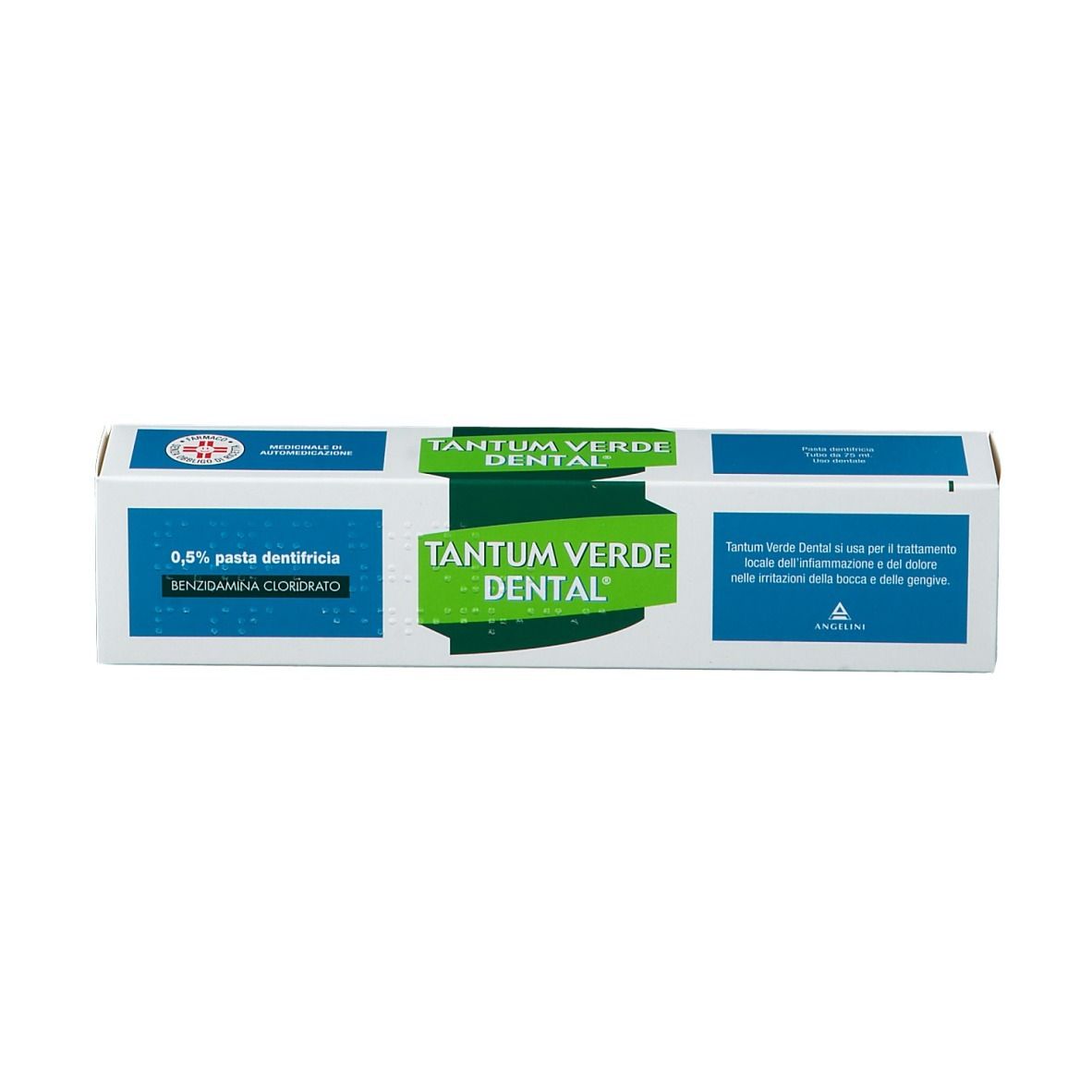 Scatola con scritta: TANTUM VERDE Dental, 0,5% pasta dentifricia.