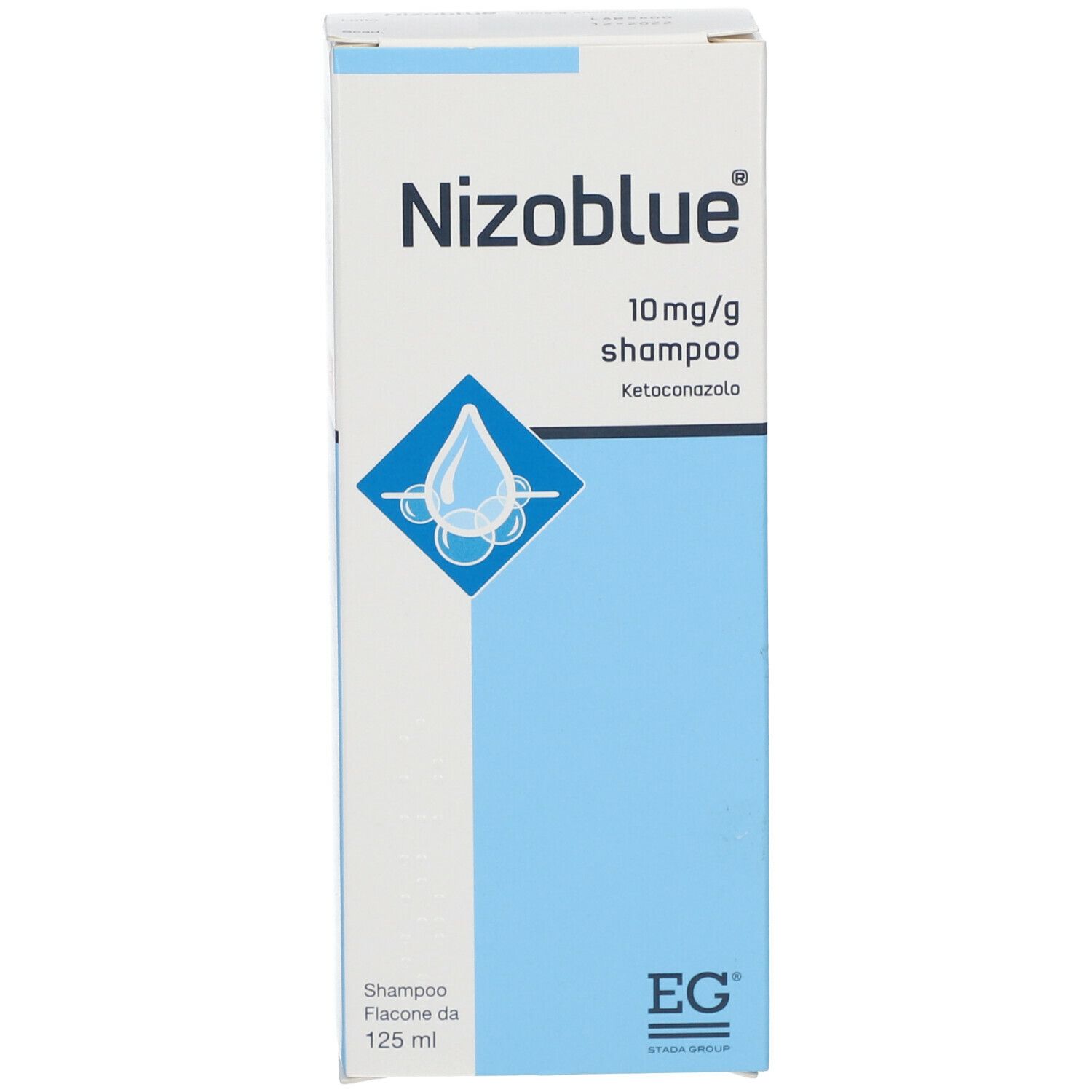 Scatola bianca con campo blu e simbolo goccia. Scritta: Nizoblue 10 mg/g shampoo Ketoconazolo. In basso: Shampoo Flacone da 125 ml.