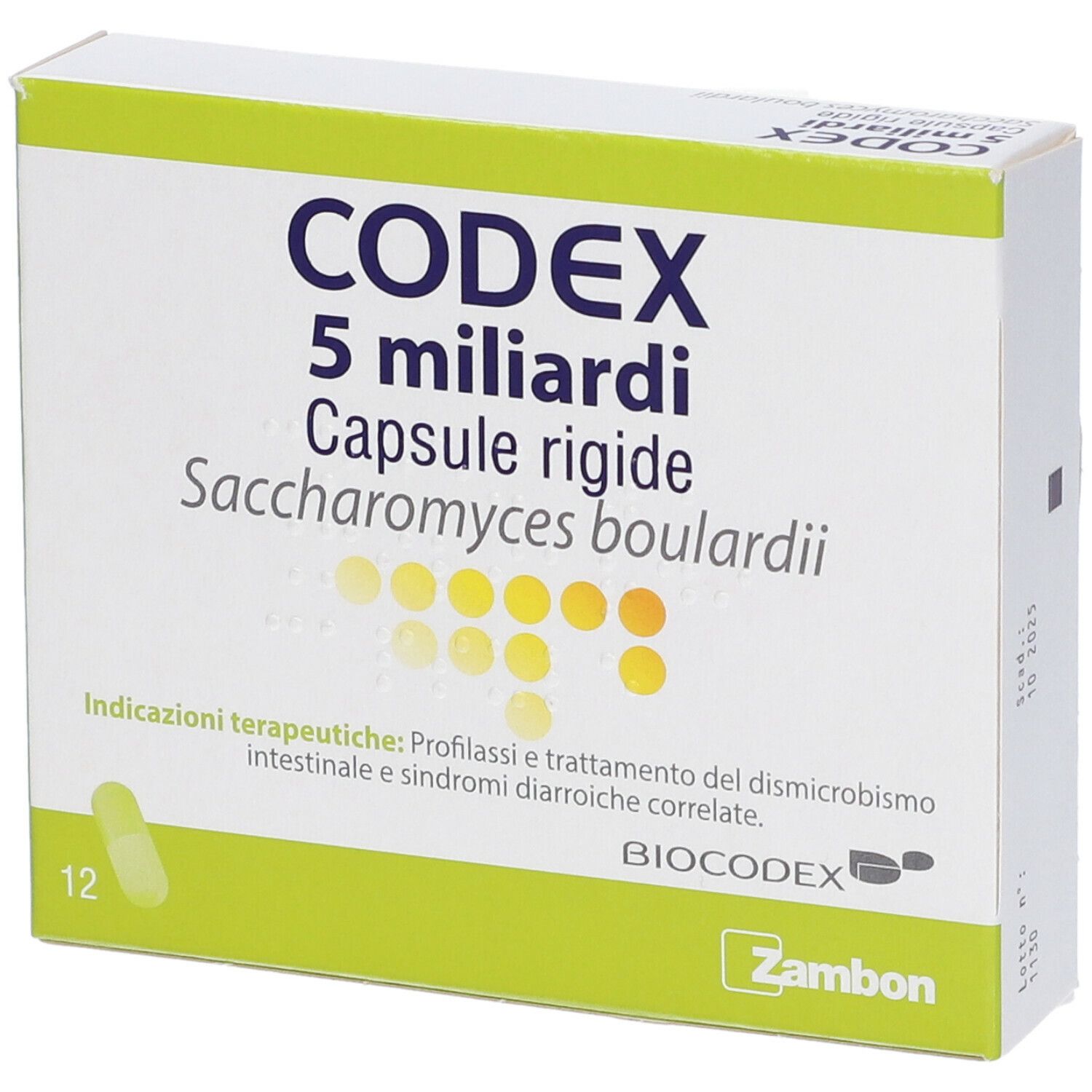Scatola di Codex 5 miliardi capsule rigide. Scritta e illustrazione capsula gialla. Confezione verde e bianca.