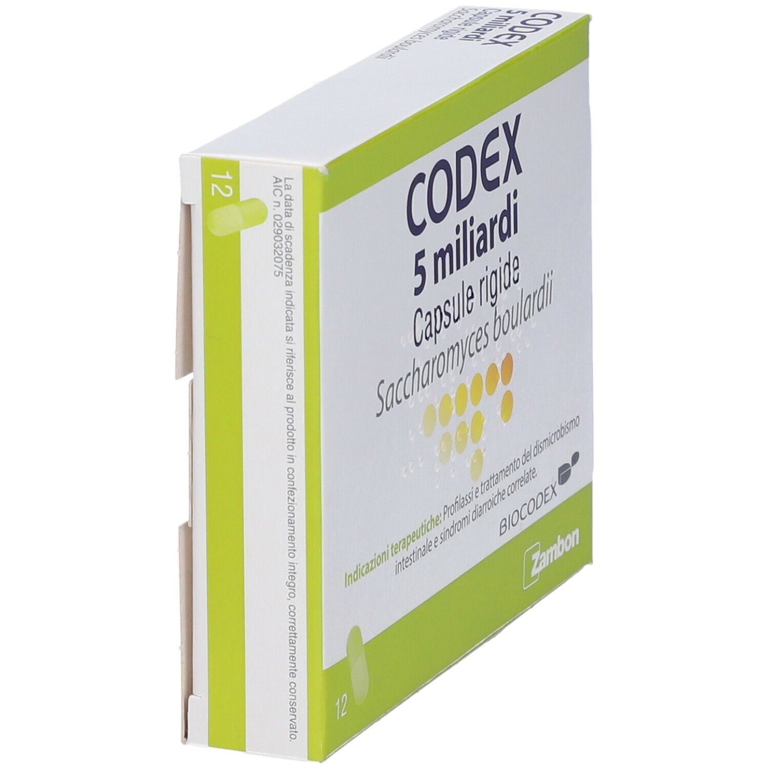 Scatola di Codex 5 miliardi capsule rigide. Scritta e illustrazione capsula gialla. Confezione verde e bianca.