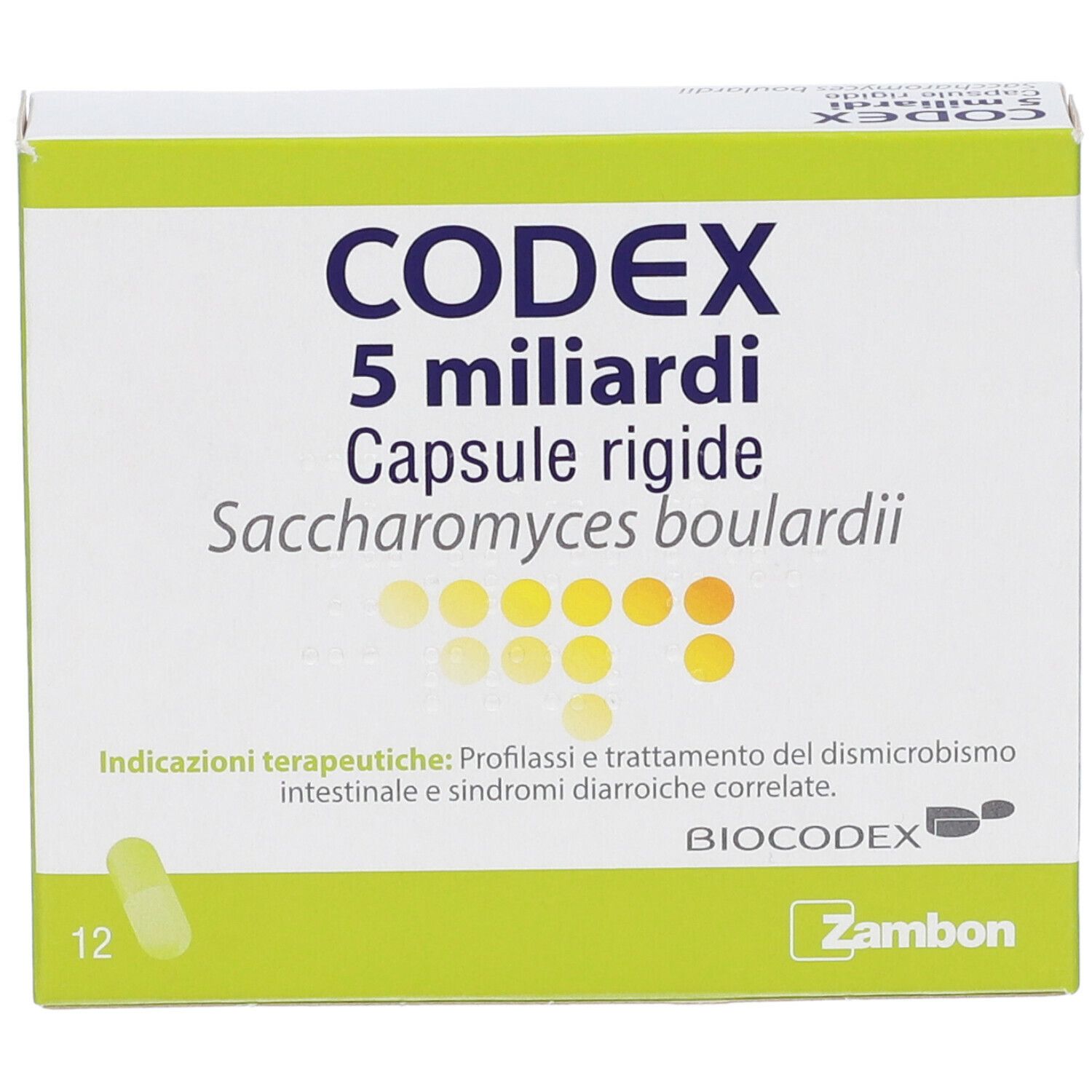 Scatola di Codex 5 miliardi capsule rigide. Scritta e illustrazione capsula gialla. Confezione verde e bianca.