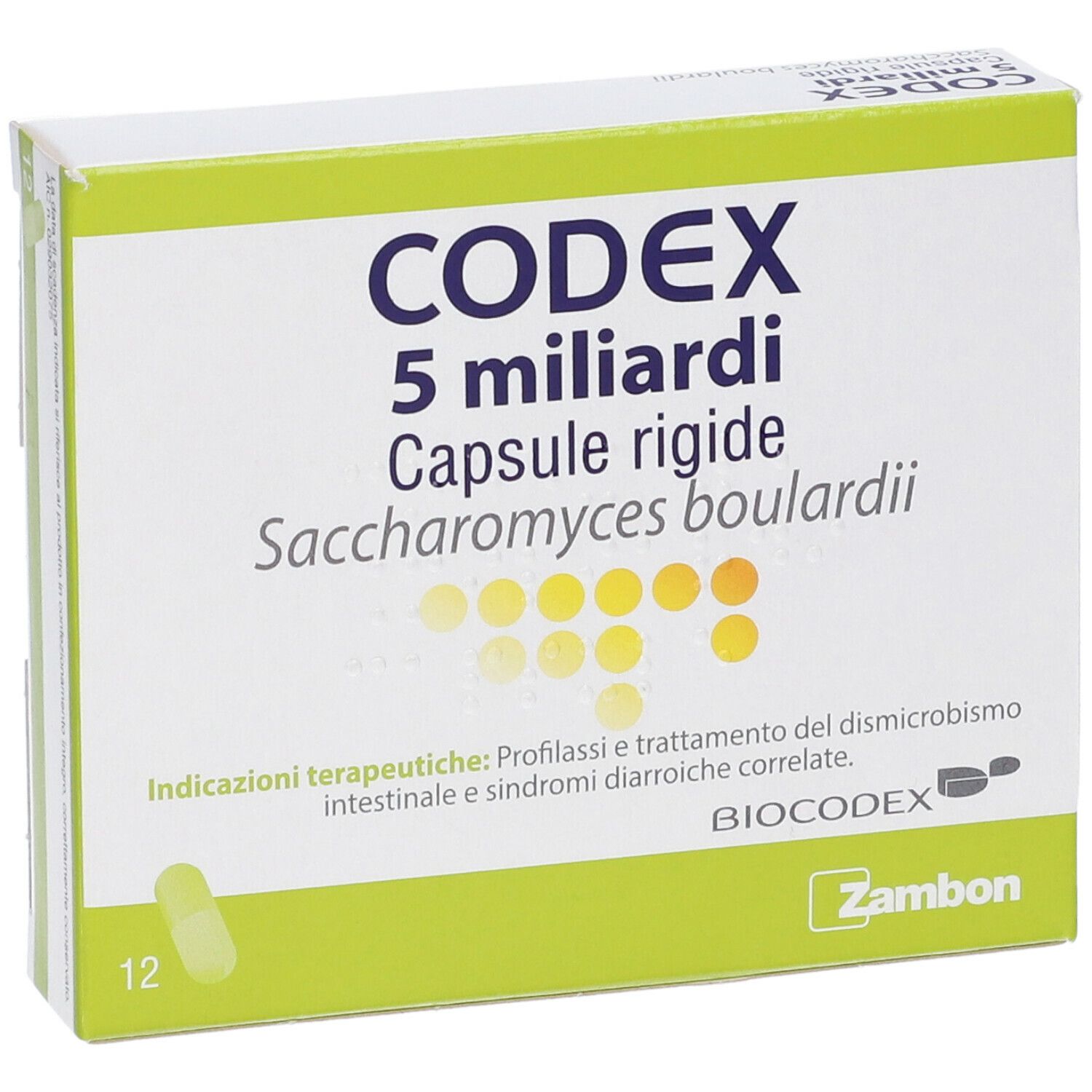 Scatola di Codex 5 miliardi capsule rigide. Scritta e illustrazione capsula gialla. Confezione verde e bianca.