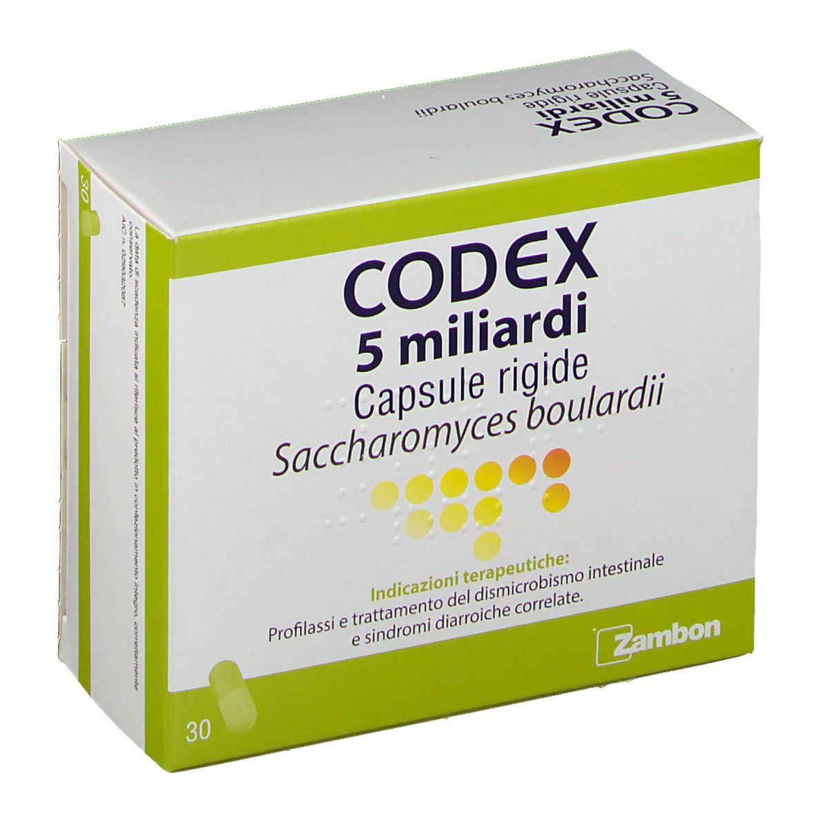 Scatola bianca e verde con CODEX 5 miliardi Capsule rigide. 30 capsule. Saccharomyces boulardii. Marchio Zambon.