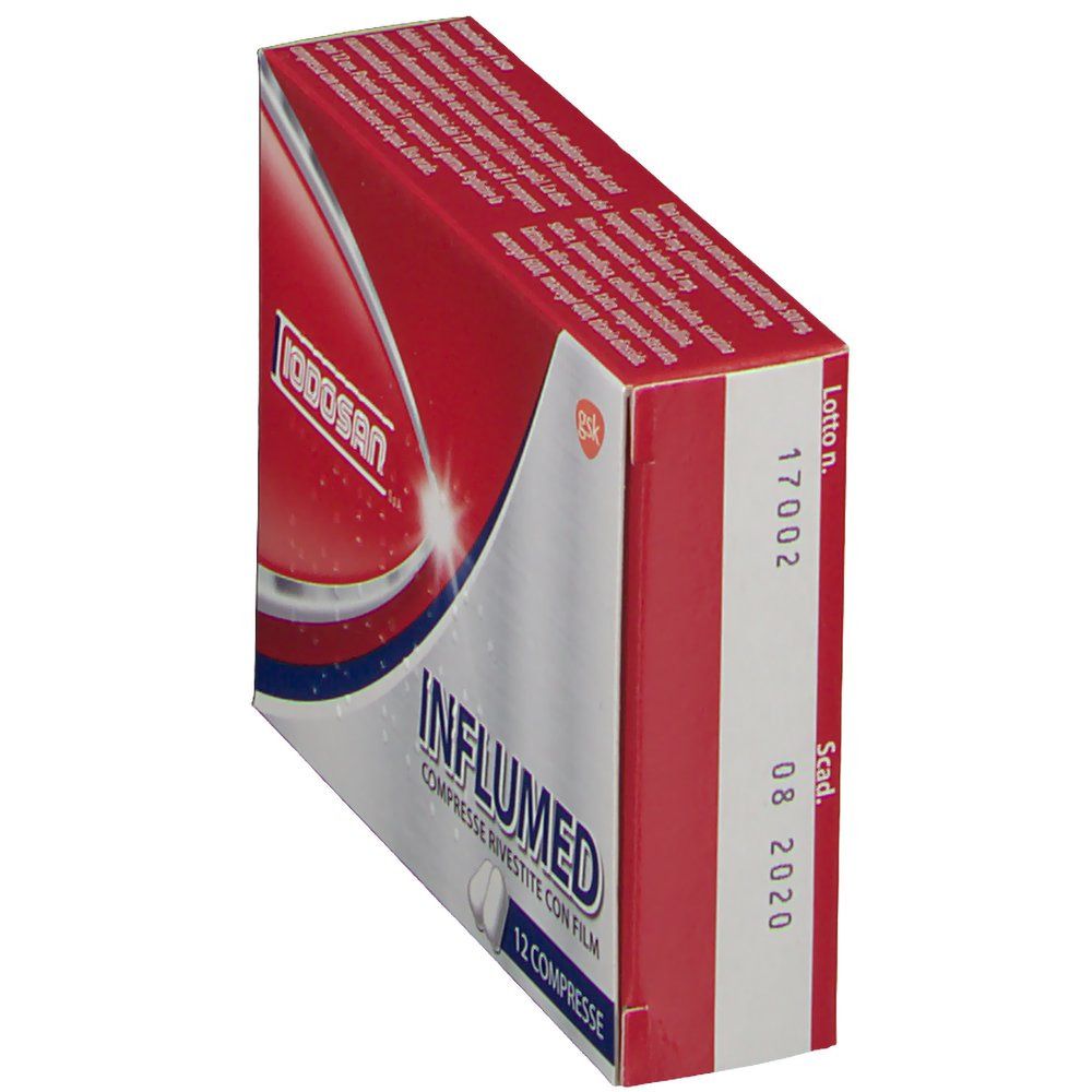 Scatola INFLUMED rossa e bianca. Testo: INFLUMED Compresse rivestite con film, 12 Compresse. Stampato: IODOSAN, scadenza 08 2020.