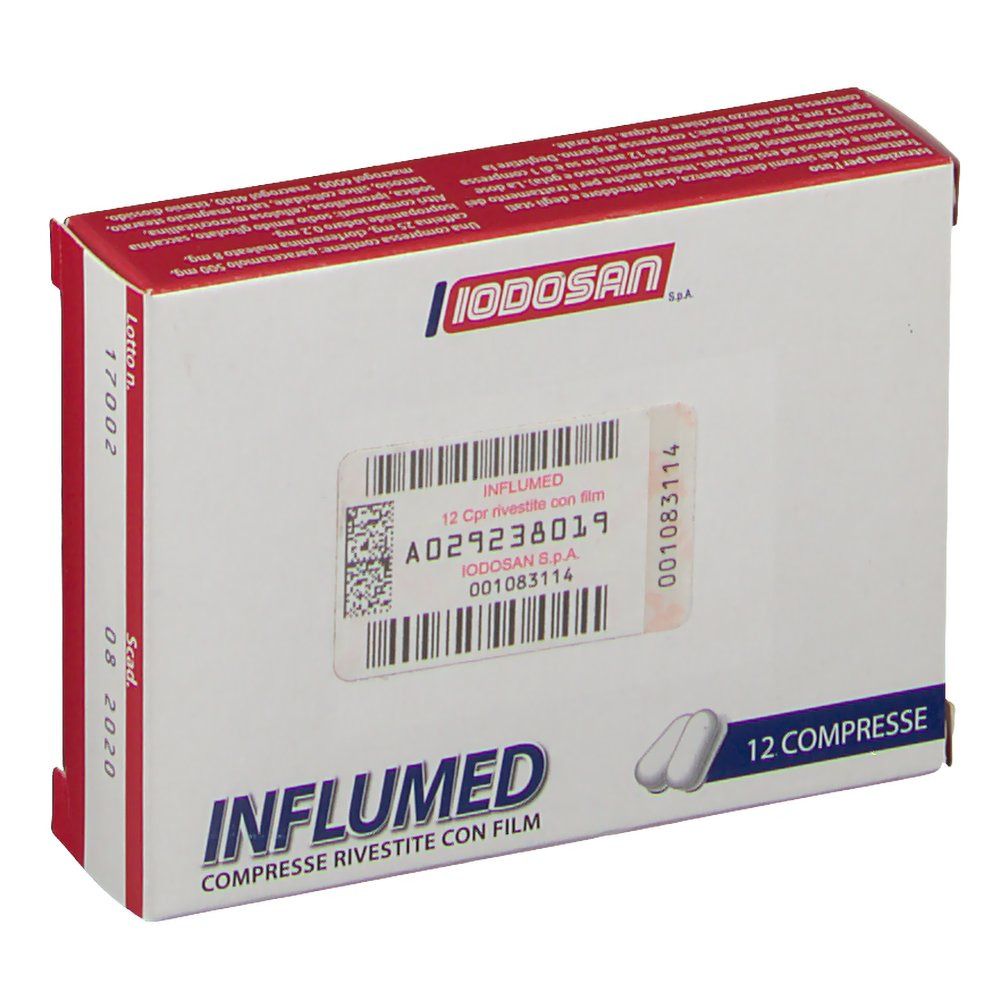 Scatola INFLUMED bianca con adesivo. Testo: INFLUMED Compresse rivestite con film, 12 Compresse. Stampato: IODOSAN. Codice a barre e numero di lotto.