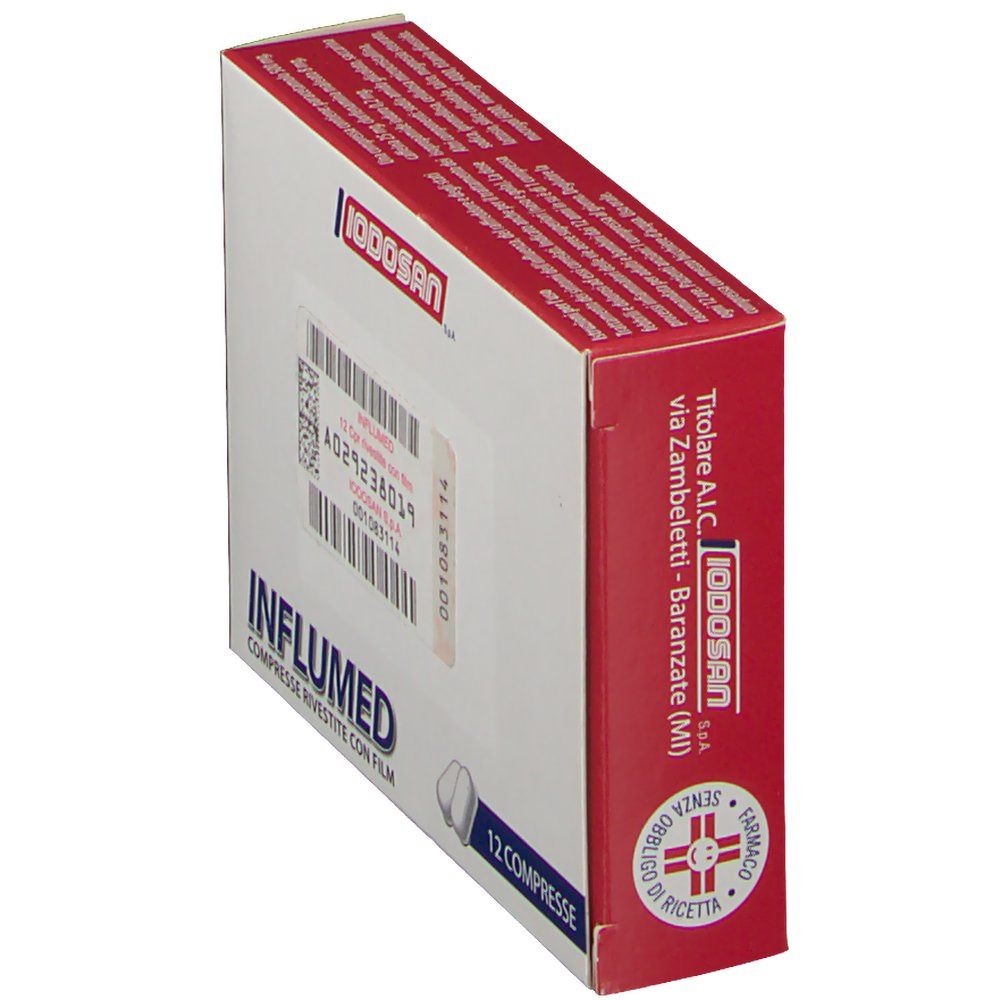 Scatola INFLUMED rossa e bianca. Testo: INFLUMED Compresse rivestite con film, 12 Compresse. Stampato: IODOSAN. Indirizzo e logo farmacia.