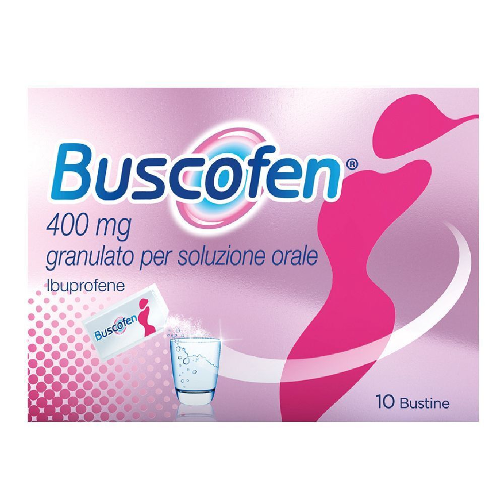 Scatola di Buscofen® Granulato, 400 mg, per soluzione orale. Sfondo rosa con figura femminile. 10 bustine.