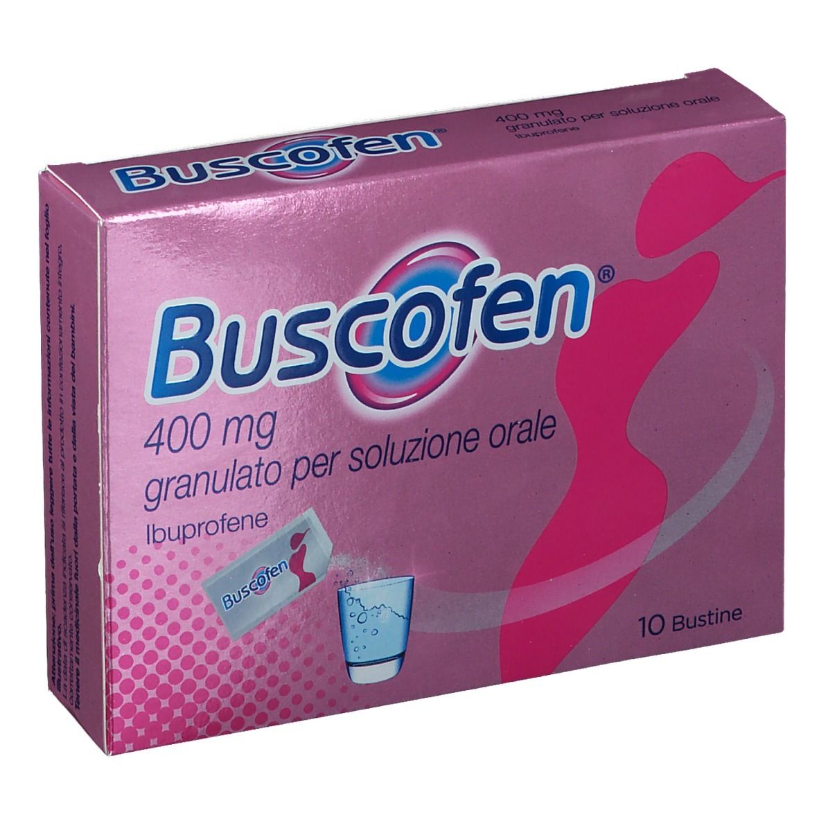 Scatola di Buscofen®, 400 mg, granulato per soluzione orale. Scatola rosa con figura femminile e 10 bustine.