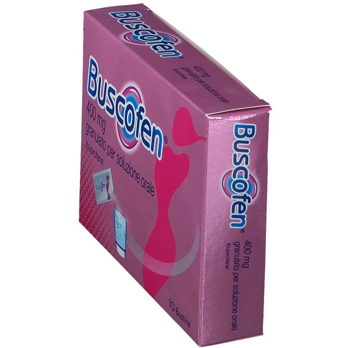 Scatola di Buscofen®, 400 mg, granulato per soluzione orale. Scatola rosa, in prospettiva. Nome e dosaggio.