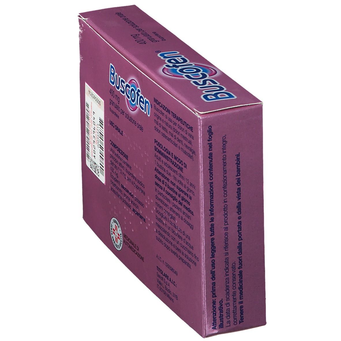 Scatola di Buscofen®, 400 mg, granulato per soluzione orale. Scatola in prospettiva. Testo sul retro.
